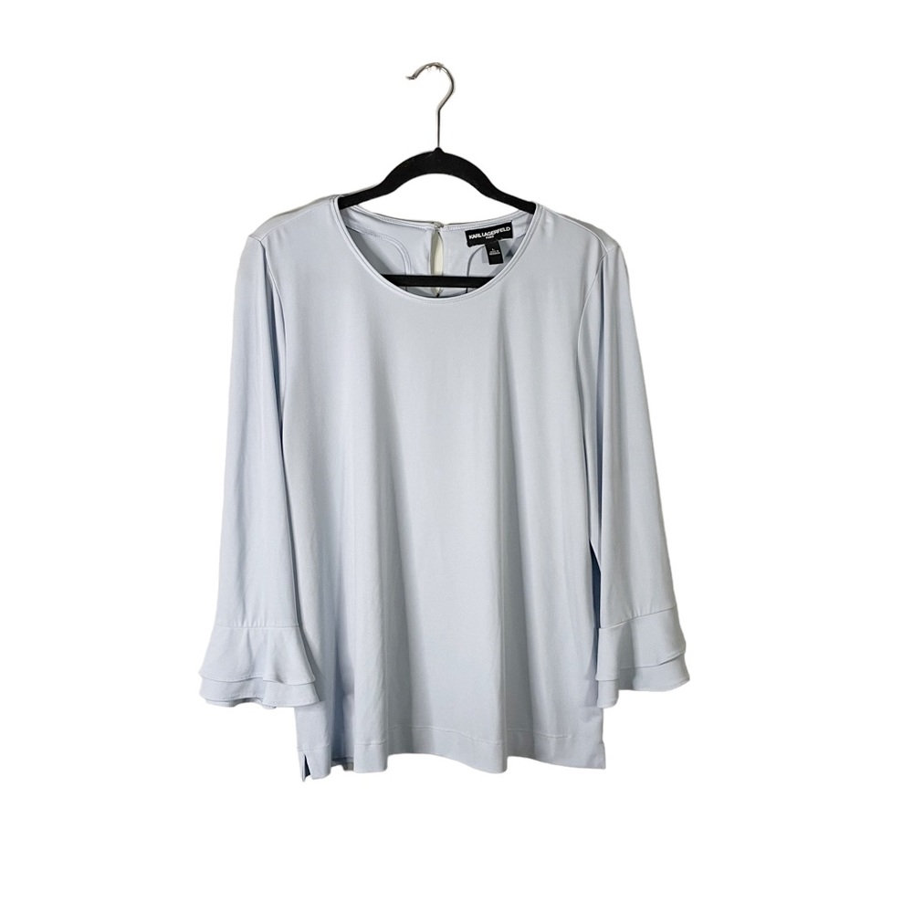 Karl Lagerfeld Light Blue Designer Bell Sleeve Office Business Casual Blouse Lg - Picture 2 of 7